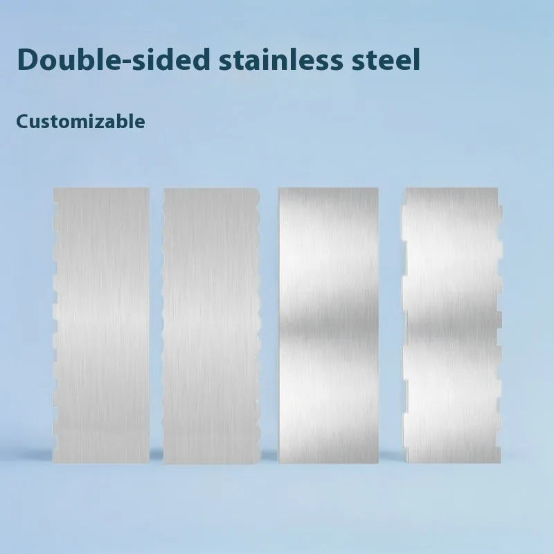 Set of six stainless steel cake scrapers with polygon patterns for professional cake decorating