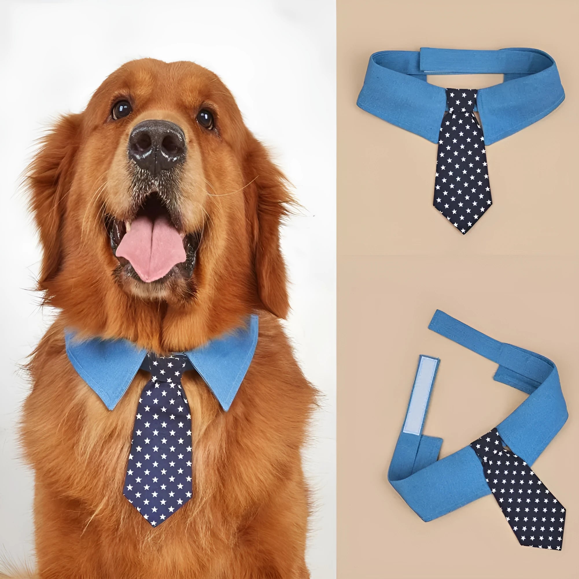 Denim dog collar with star pattern necktie adjustable for formal pet events