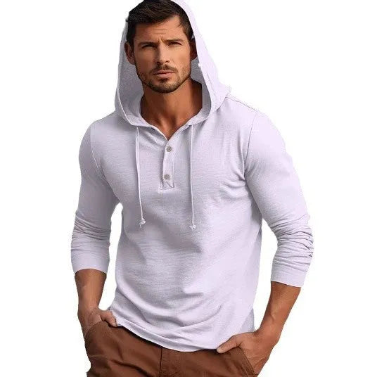 Man wearing a dark blue casual cotton hoodie pullover with long sleeves.