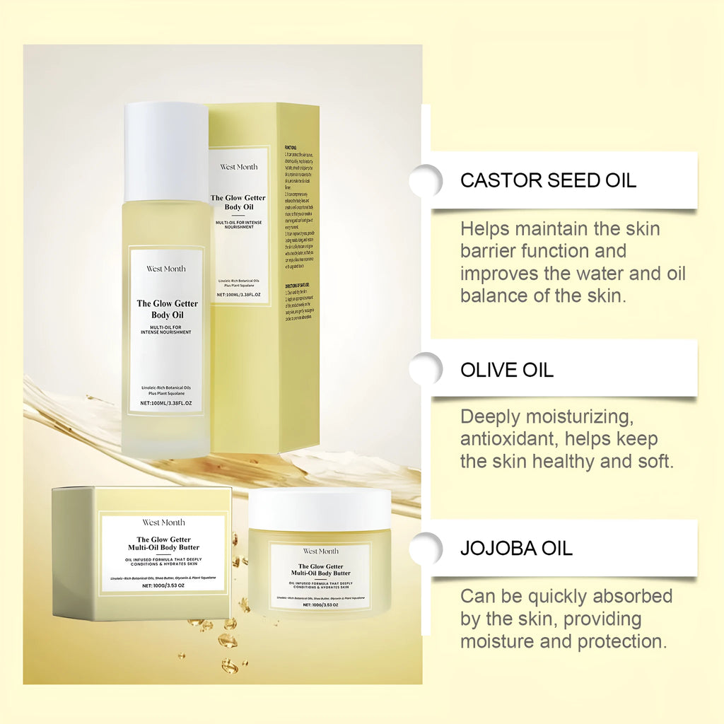 Skin massage body care kit showing skincare oil and moisturising cream for nourishing and firming routines