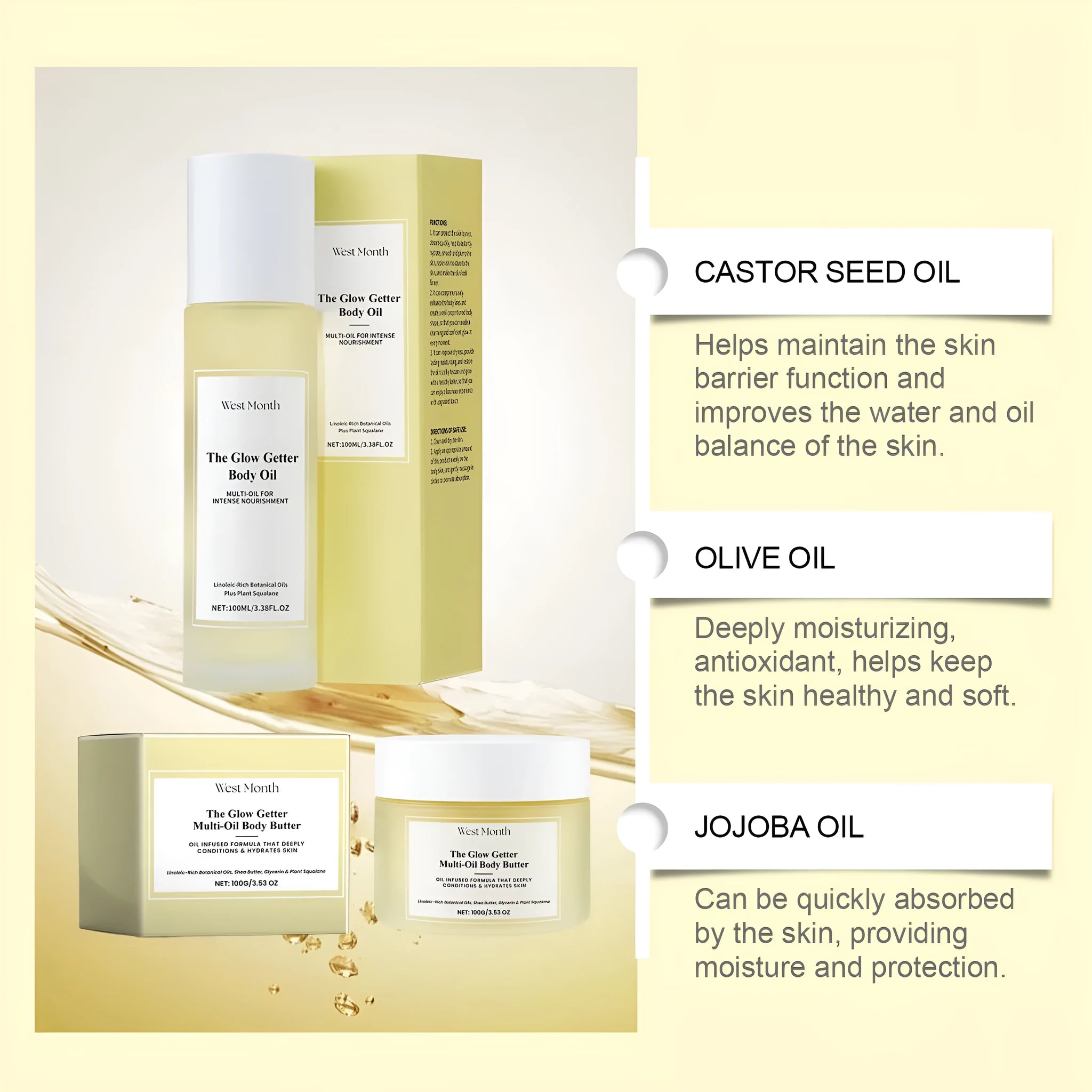 Skin massage body care kit showing skincare oil and moisturising cream for nourishing and firming routines