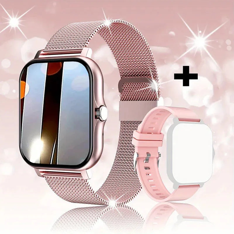 Smart watch with 1.44-inch touch screen and silicone wrist strap showing Bluetooth calling and health monitoring interface