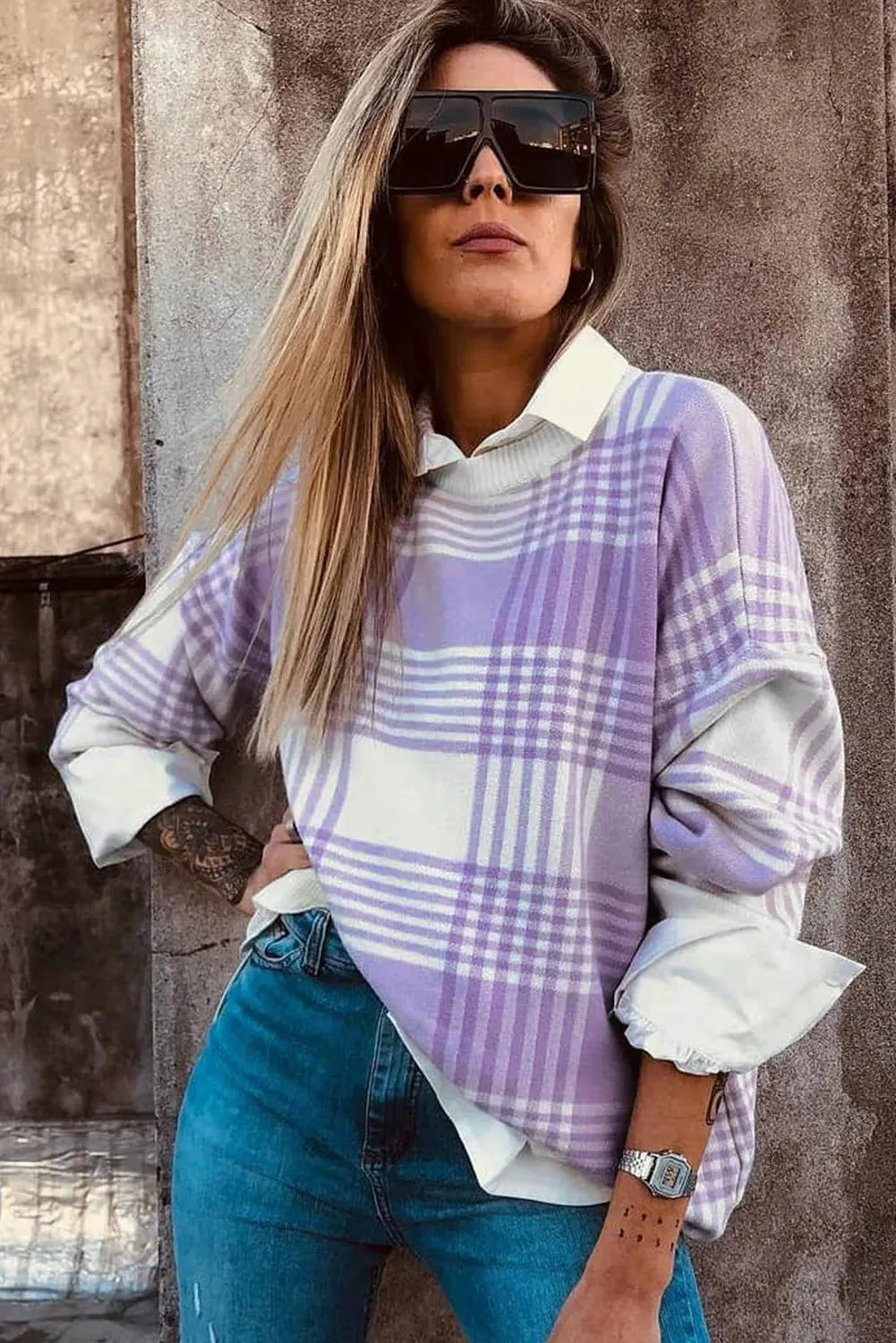 Lilac plaid print women's sweater with ribbed trim and loose fit design