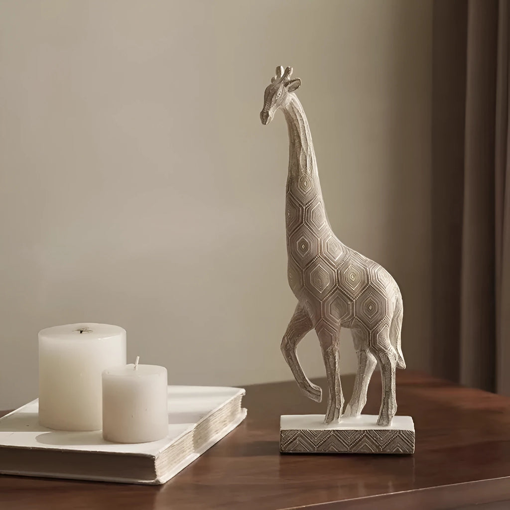Wood colour synthetic resin giraffe ornament in European style on a shelf.