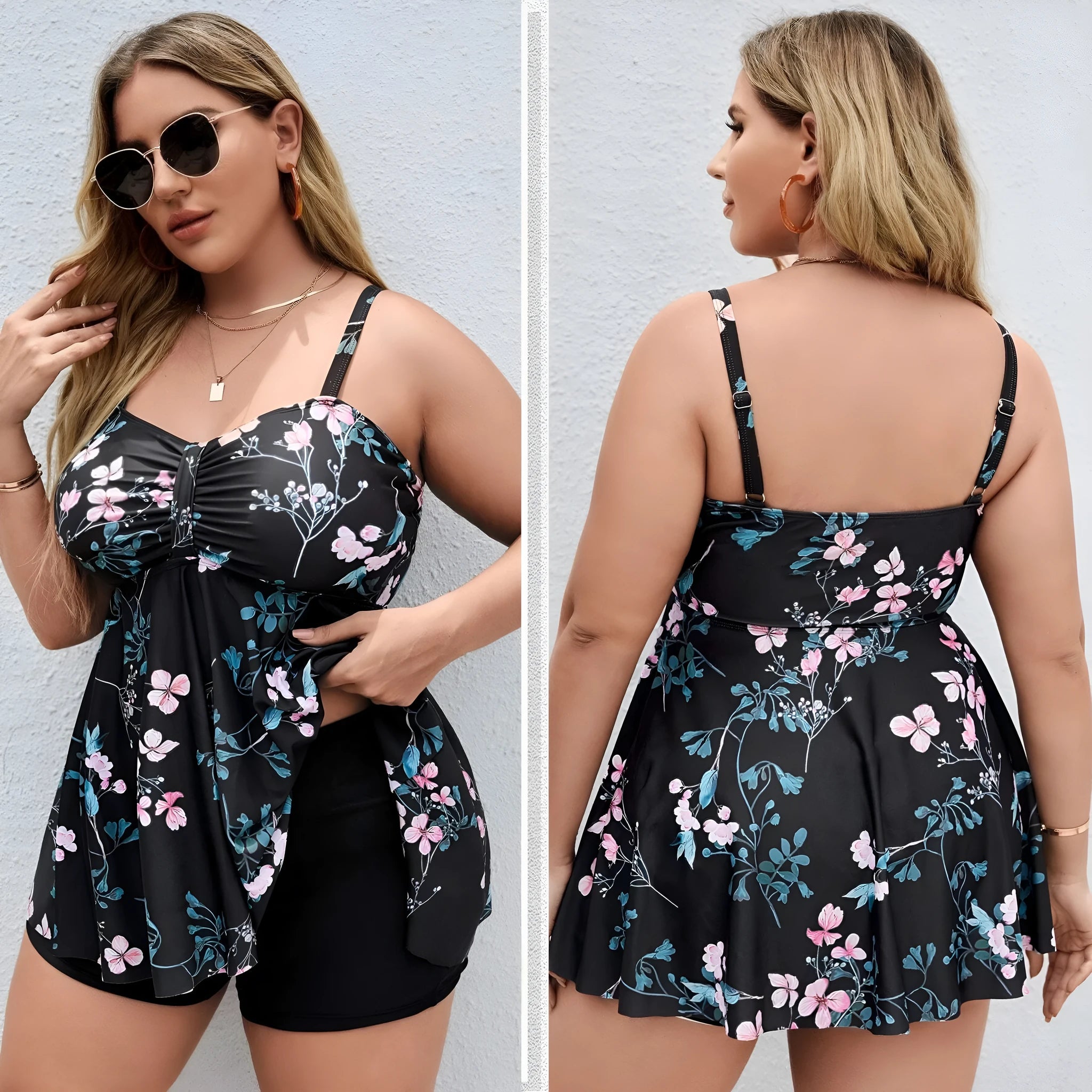 Women's split colour printing one-piece swimsuit with floral pattern and high elasticity polyester fabric