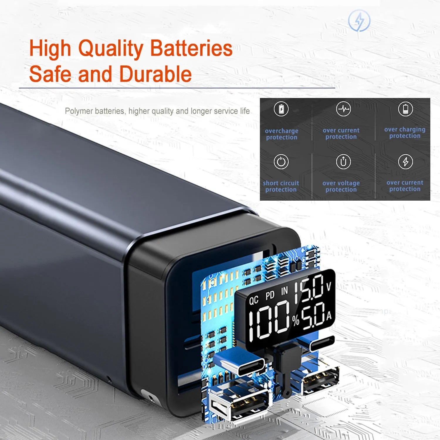 High power laptop charging bank with metal casing showing black, blue, and grey colour options