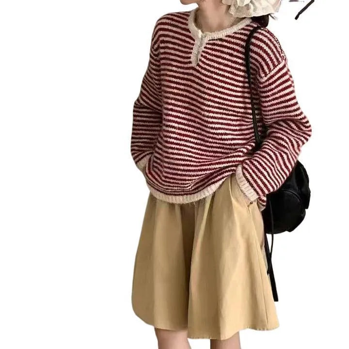 Women's striped cashmere pullover sweater with plaid pattern in red colour option