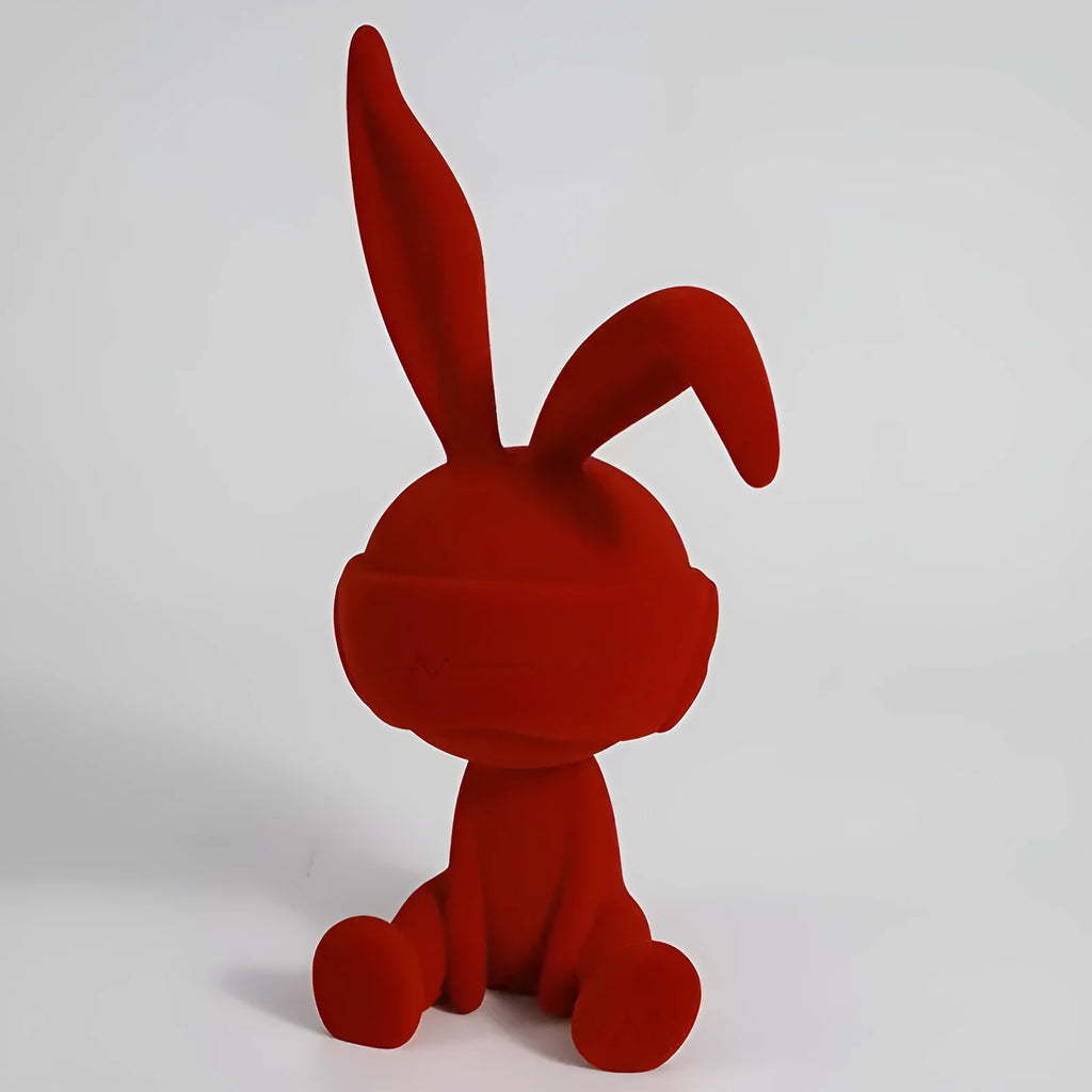 Suede blindfold rabbit resin table ornament in blue, green, or red colour options