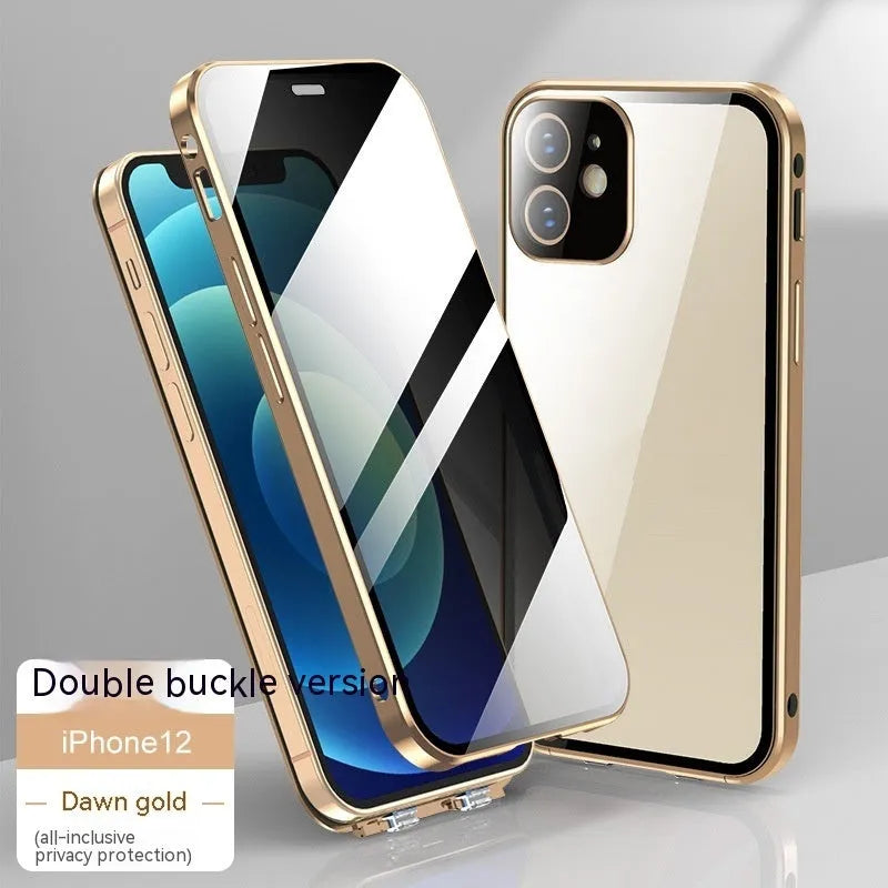 Glass privacy phone case with double-sided buckle, shown in one of five colour options: black, blue, gold, green, or silver.