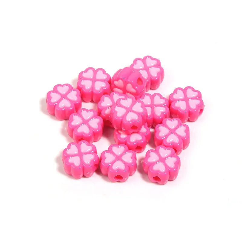 15mm acrylic four-leaf clover beads with frosted finish in various colours including rose red, pink, yellow, green, blue, purple