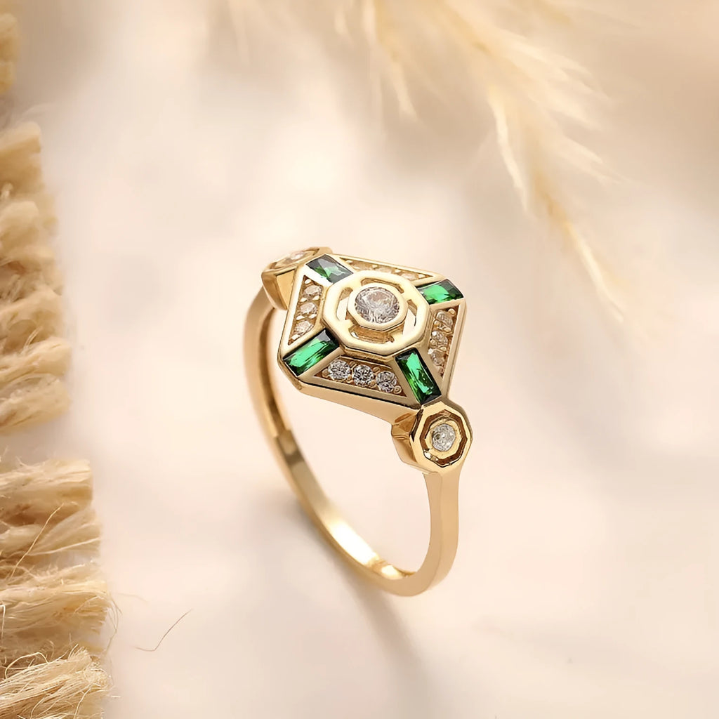 Square emerald cut diamond ring in lvzuan colour on a model finger, showing geometric Ins style.