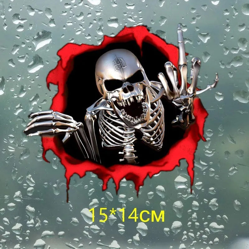 Reflective car sticker with metal skull and colourful broken shell pattern measuring 15cm by 14cm