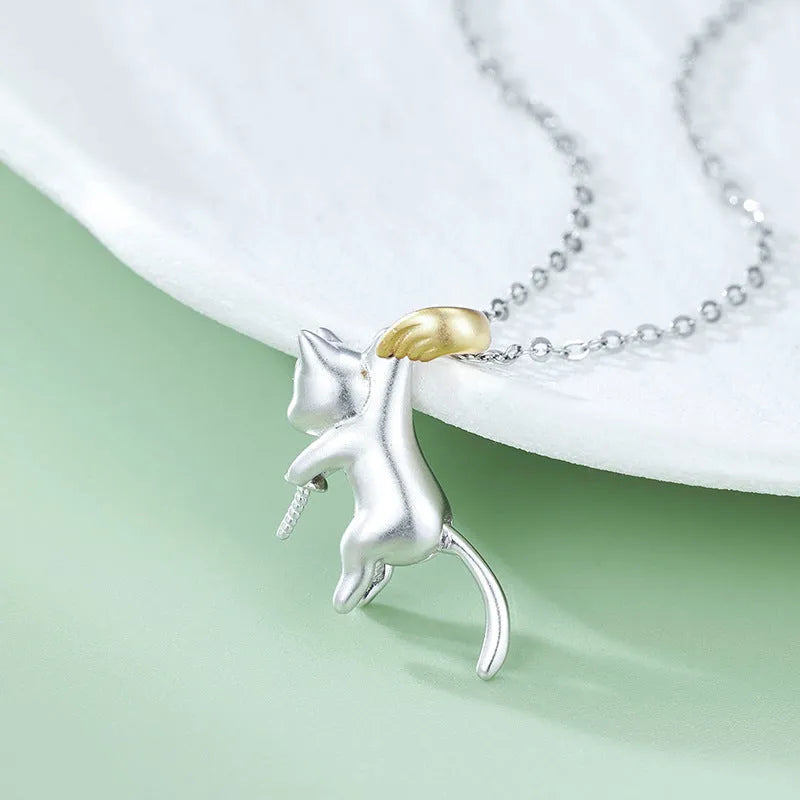 925 sterling silver clavicle chain necklace with cat charm pendant, fashion OL style jewellery