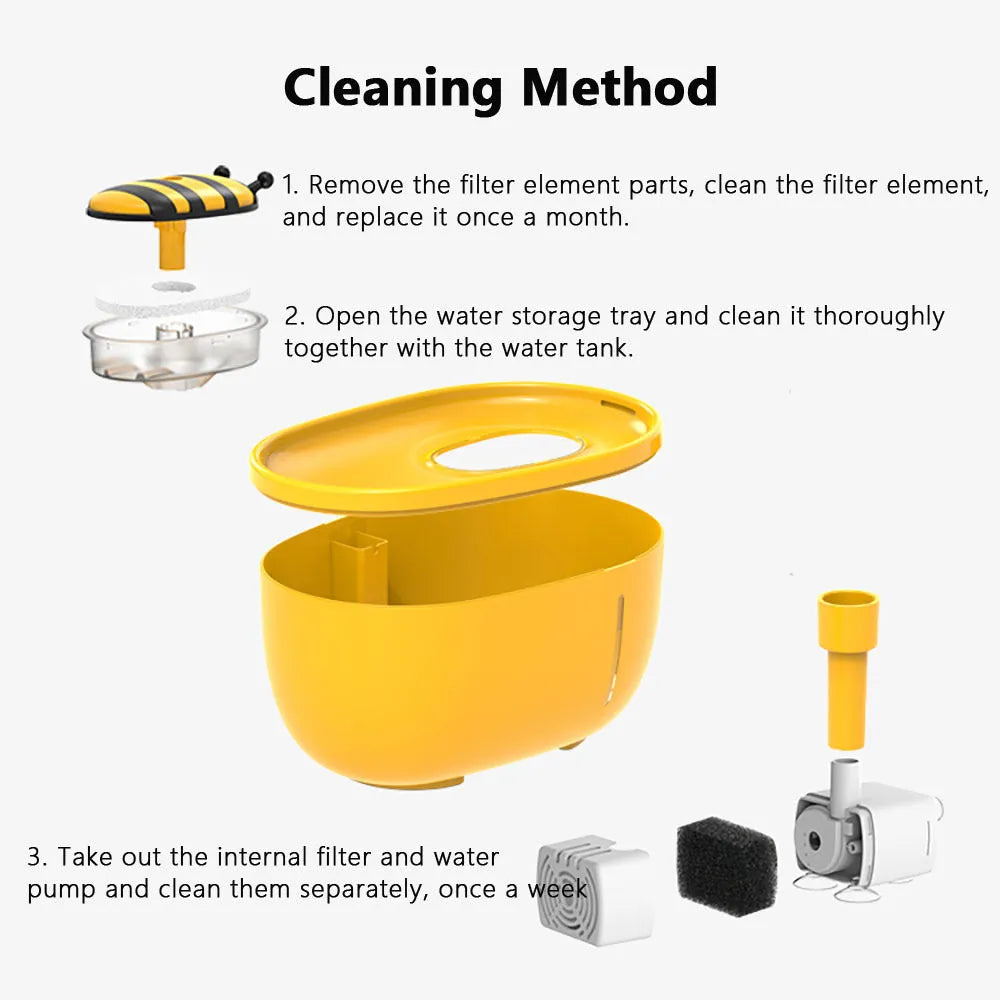 Yellow automatic cat water fountain with filtration system and blue LED light