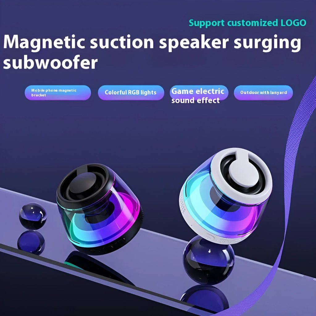 Portable wireless Bluetooth speaker with magnetic attachment and LED lighting in black or white