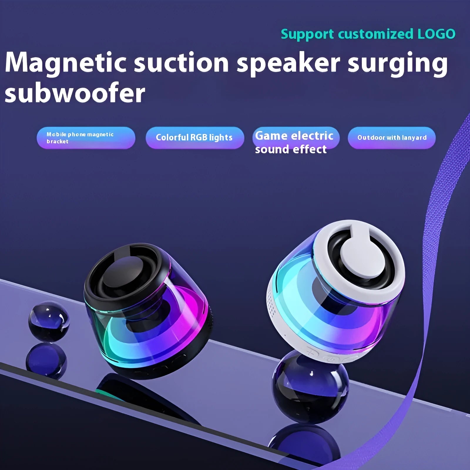 Portable wireless Bluetooth speaker with magnetic attachment and LED lighting in black or white