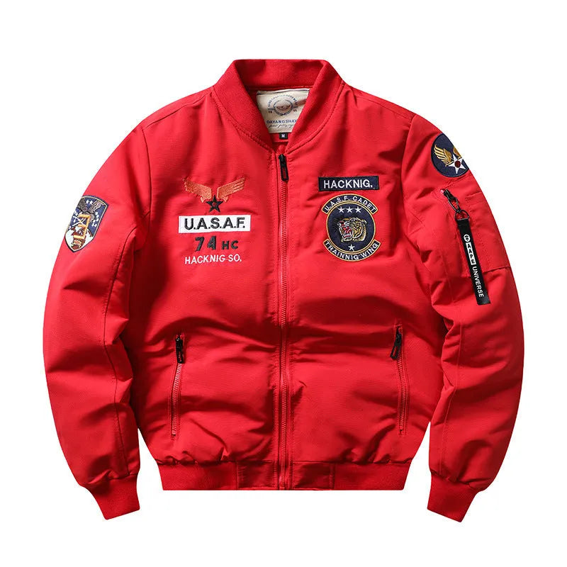 Men's slim-fit stand collar Harley retro embroidery cotton-padded coat in black.