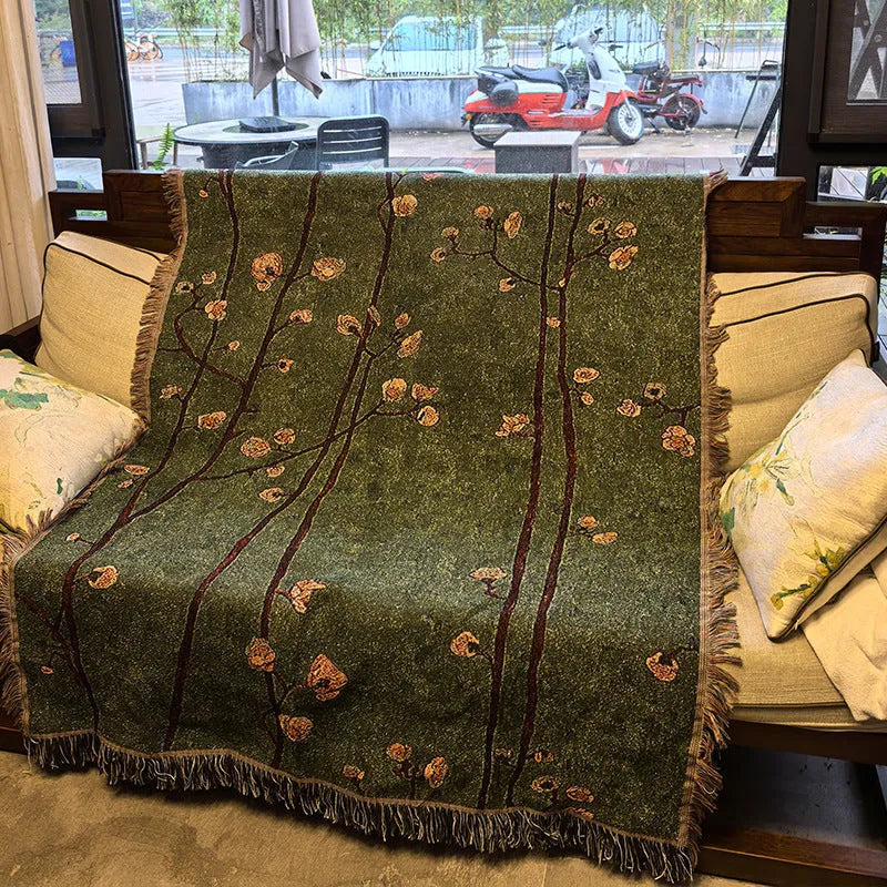Green plum blossom woven polyester sofa cover, 130 x 160cm including tassel, New Chinese style