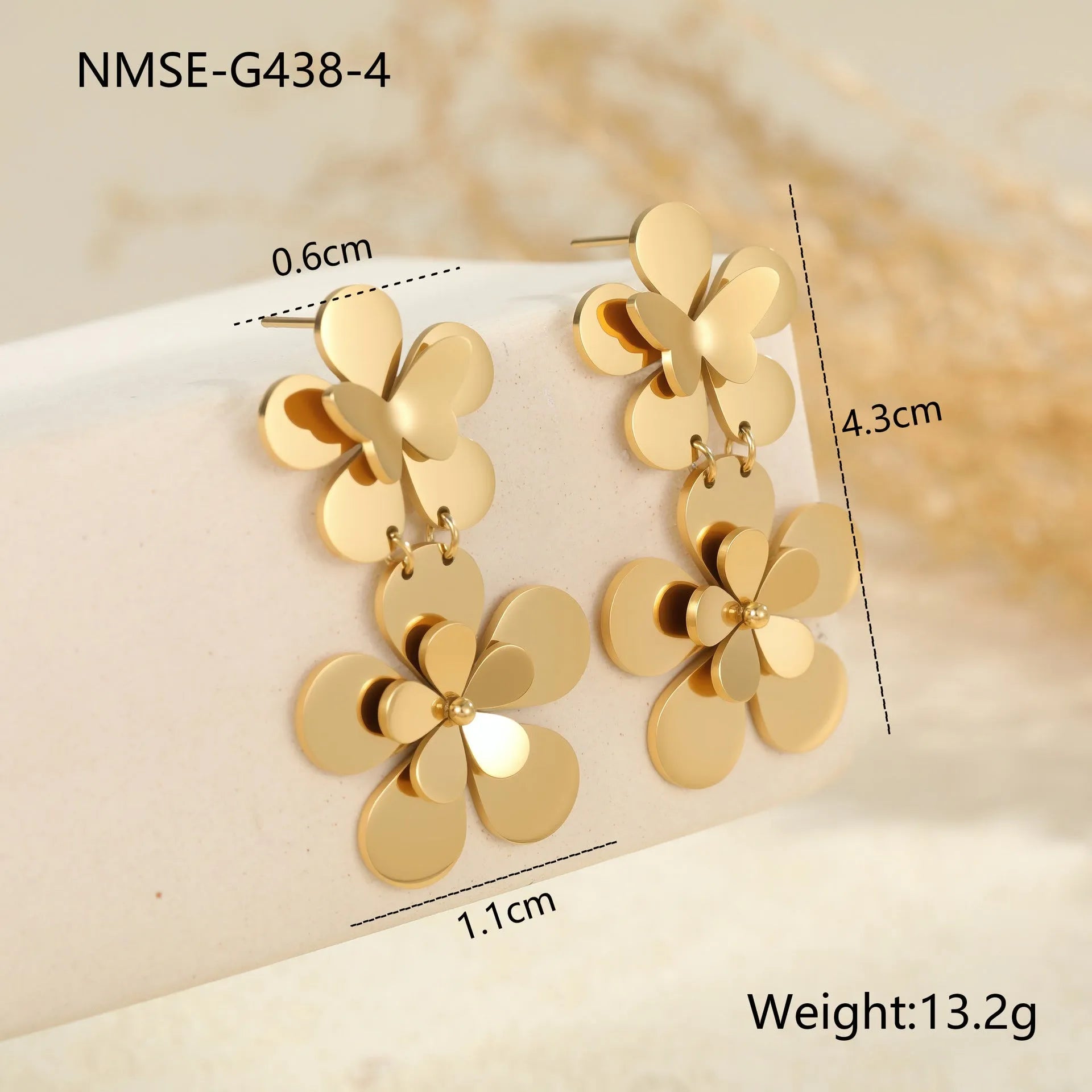 Gold floral butterfly stainless steel earrings with 18K electroplated finish for women