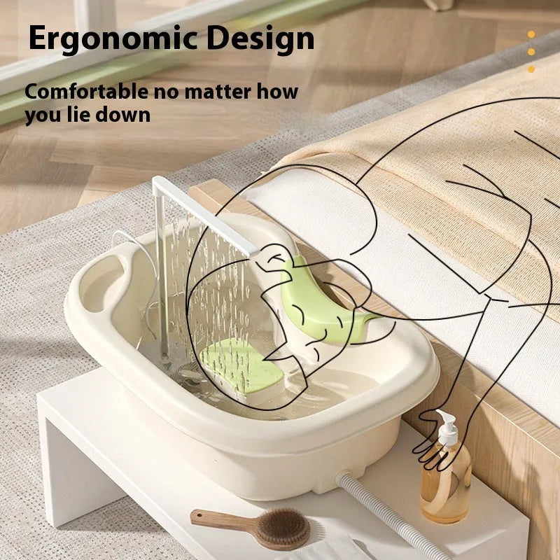 Home shampoo basin with neck pillow and water pump for use while lying down in bed
