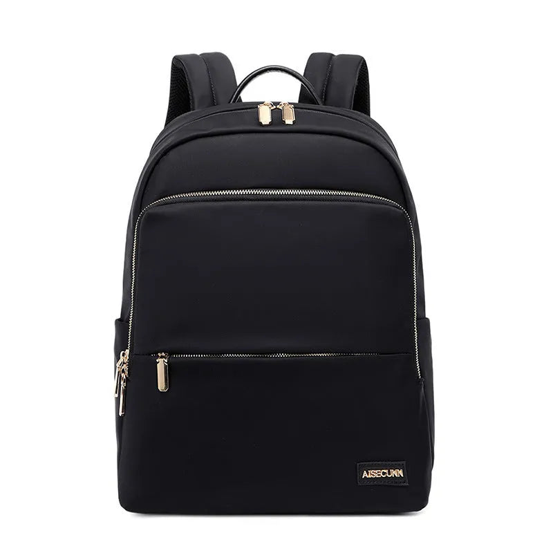 Large capacity Oxford cloth women's backpack in black and purplish grey, showing anti-theft and waterproof features.