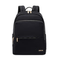 Large capacity Oxford cloth women's backpack in black and purplish grey, showing anti-theft and waterproof features.