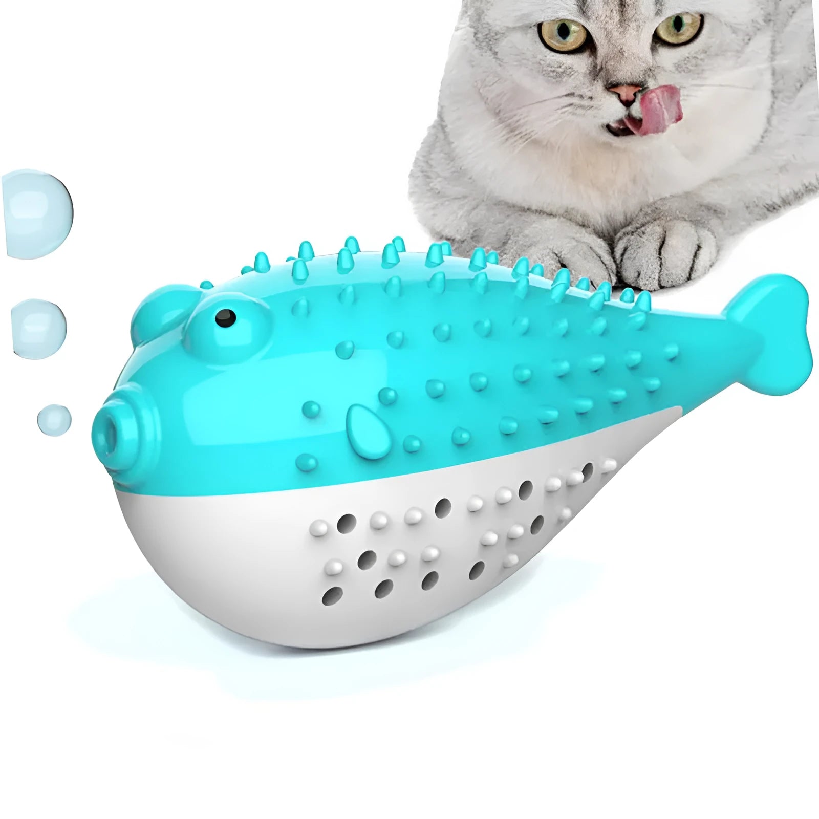 Blue silicone fish-shaped chew toy and teaser for cats on a white background.