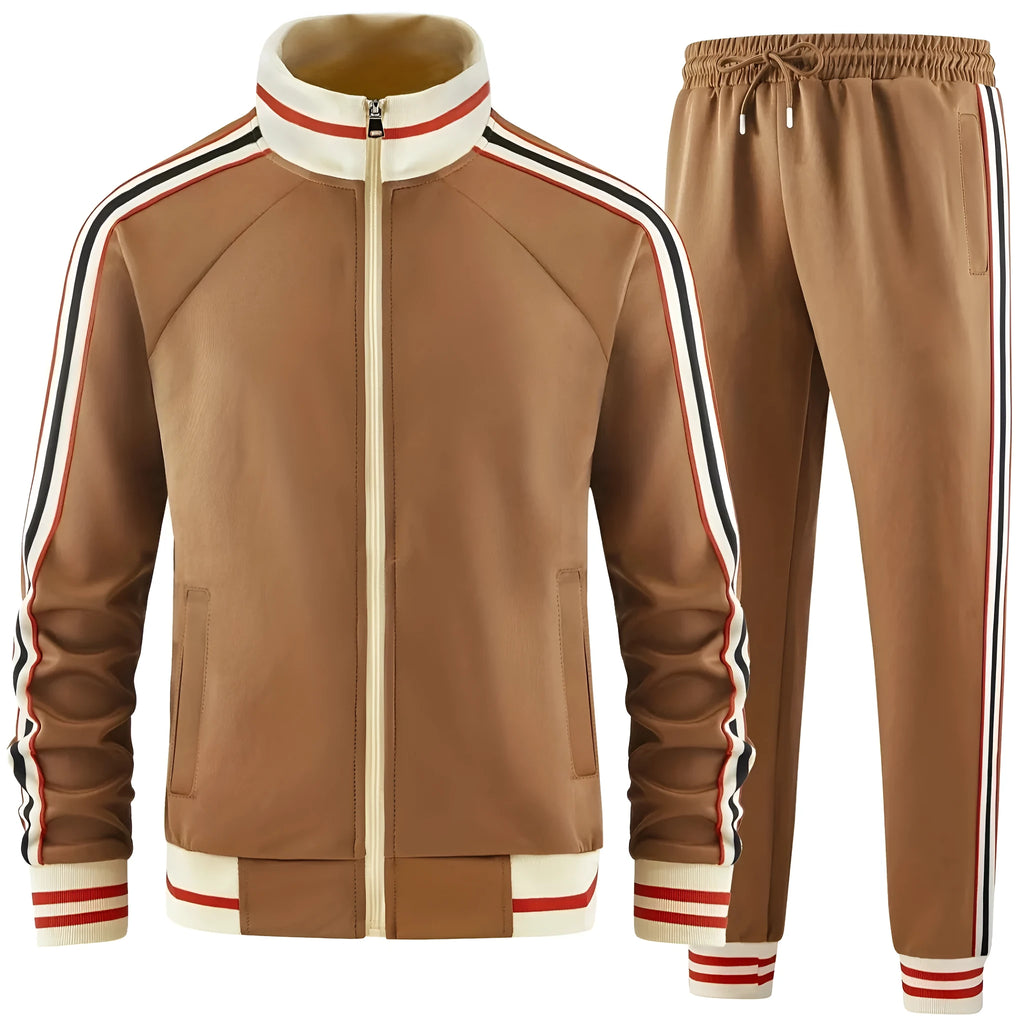 Khaki coloured street style turtleneck zip cardigan and trousers matching suit set on a model.