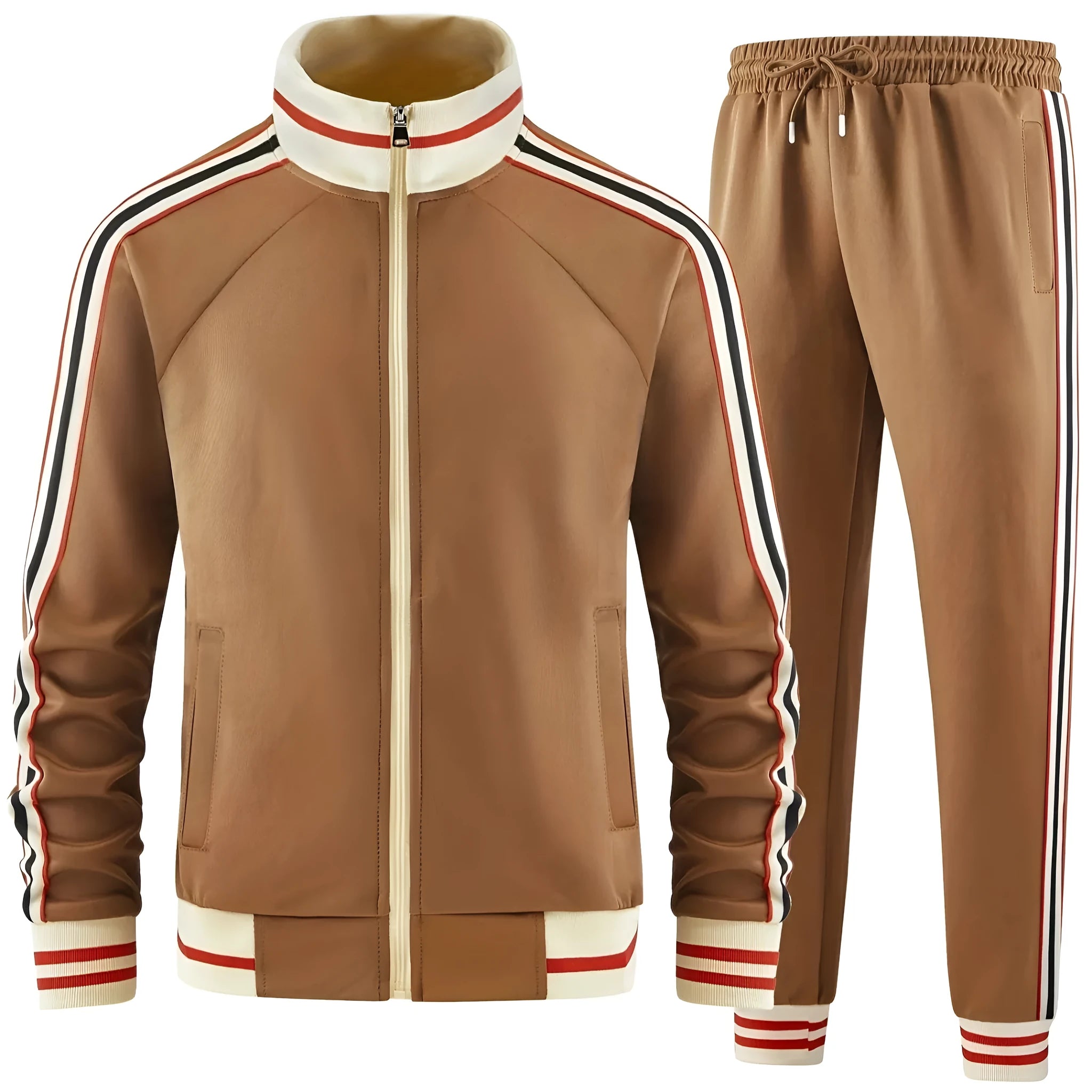 Khaki coloured street style turtleneck zip cardigan and trousers matching suit set on a model.