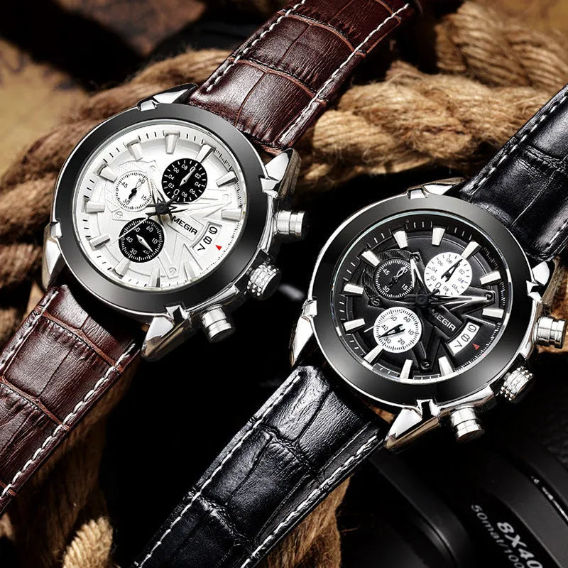 Men's analogue chronograph watch with three sub-dials and luminous markers on black or brown face