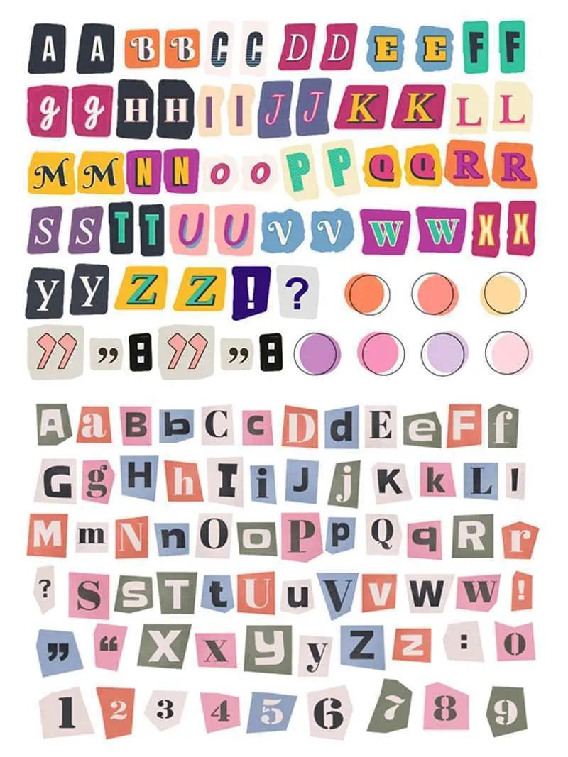 Set of printed English letters, numbers, and weekday word stickers in multiple colours for crafts and organisation