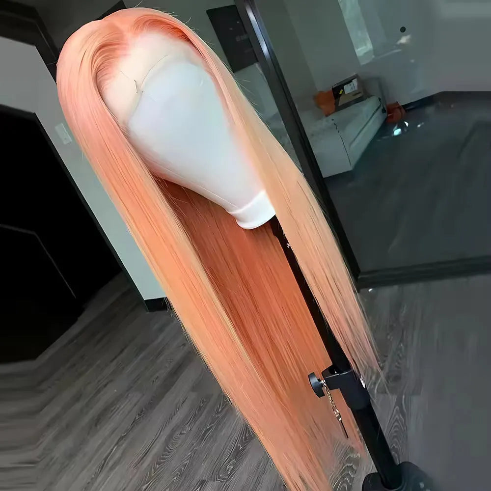 Light orange long straight synthetic wig with front lace and side bangs
