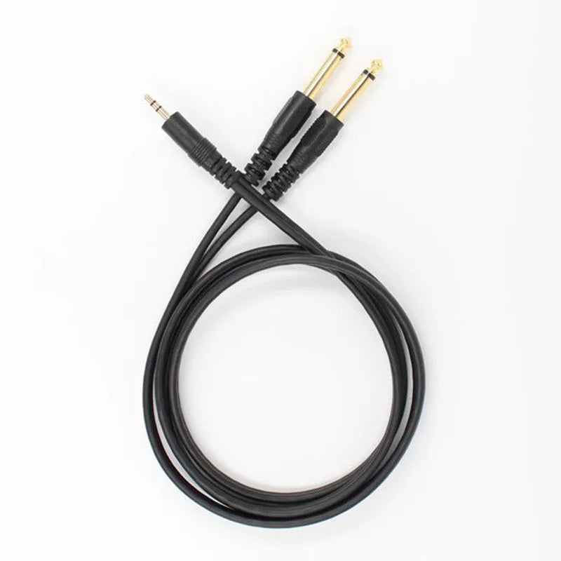 3.5mm to dual 6.5mm audio cable with gold-plated connectors in black PVC finish