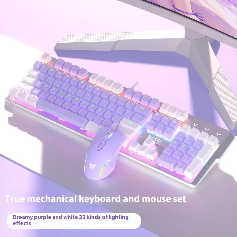 White and purple mechanical keyboard and mouse set with RGB backlight and gaming headset
