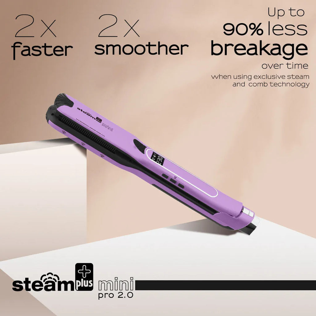 Mini steam hair straightener in purple colour with steam function display