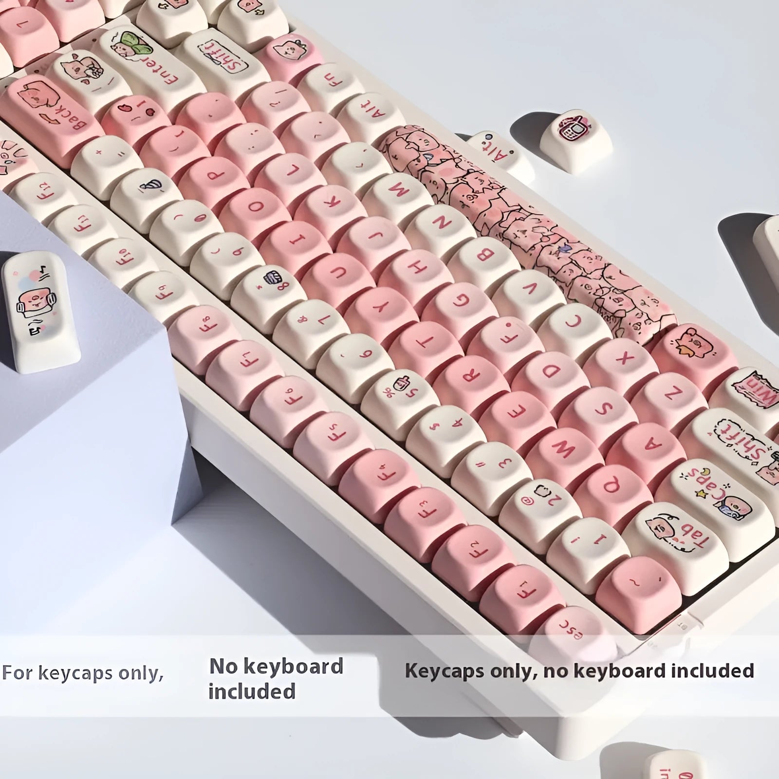 Pink PBT mechanical keyboard key cap with colourful fragrant pig character design on top and sides.