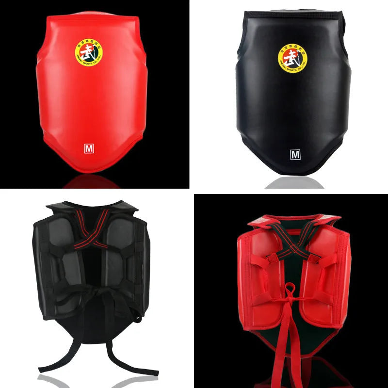 Adult boxing training helmet with integrated chest protector in black, blue or red colours