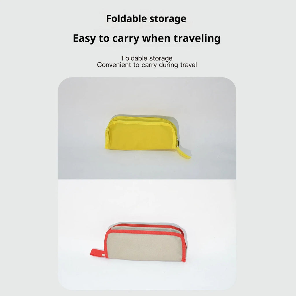 Lightweight foldable camp chair stool in khaki colour, shown both set up and folded into its compact pencil box carry case.