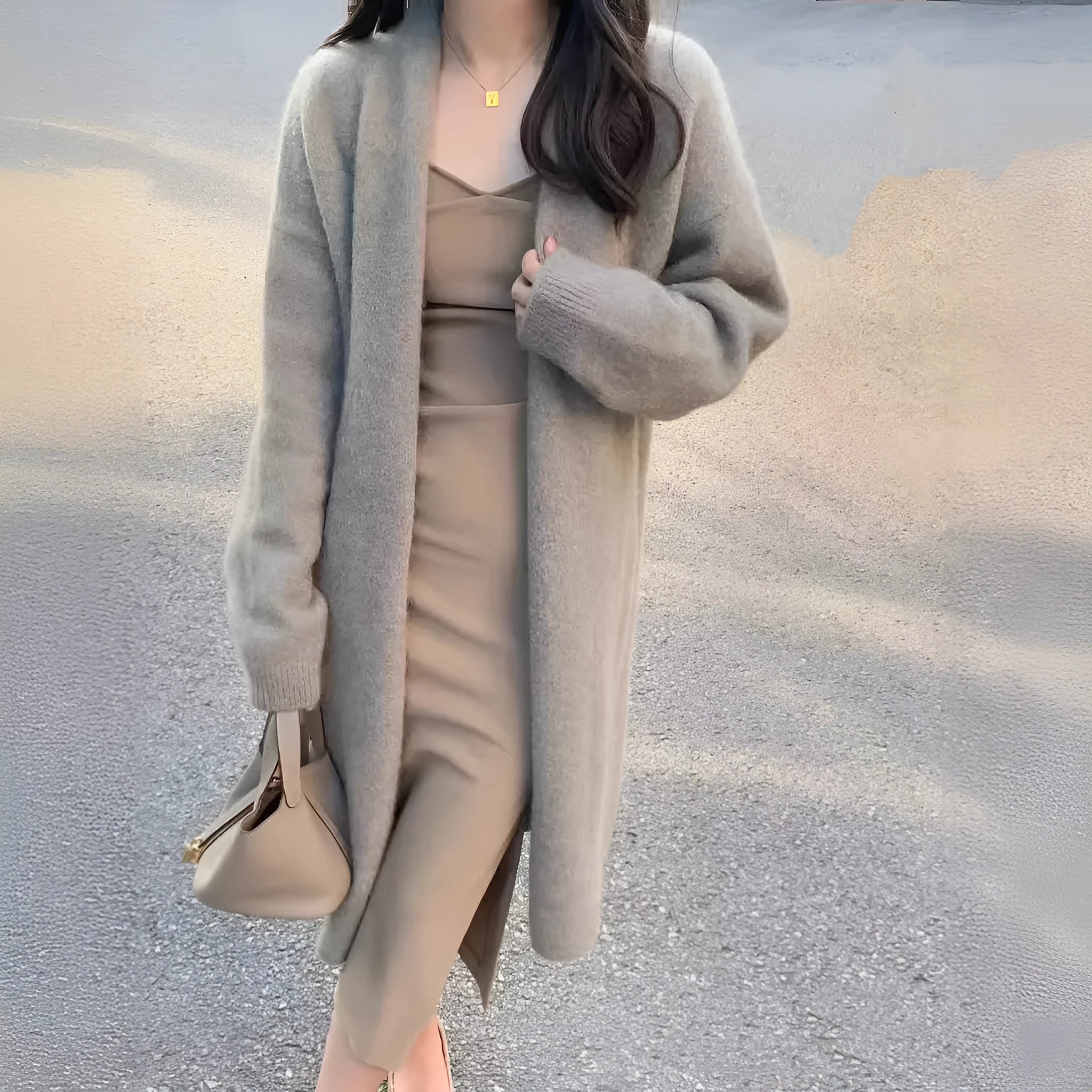 Women's mid-length knitted cardigan in khaki colour with V-neck and long sleeves
