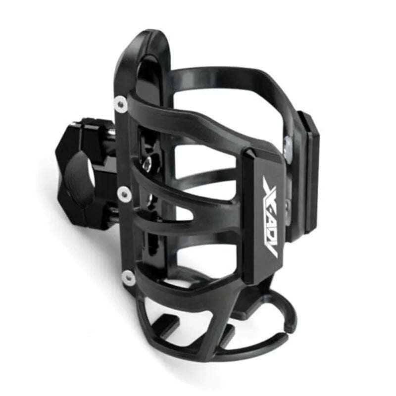 Black water bottle cage mounted on the bumper of a Honda X-ADV scooter