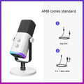 Dynamic cardioid microphone in black with USB-C cable, XLR cable, and adjustable desktop stand