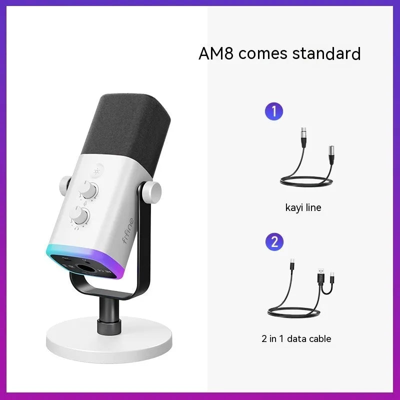 Dynamic cardioid microphone in black with USB-C cable, XLR cable, and adjustable desktop stand