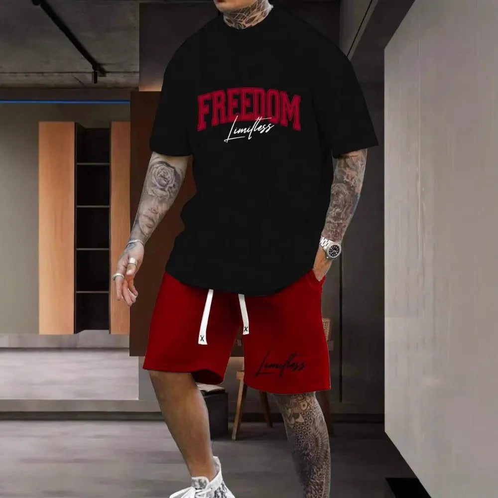 3D printed letter personality male suit set with short sleeve top and matching shorts in polyester
