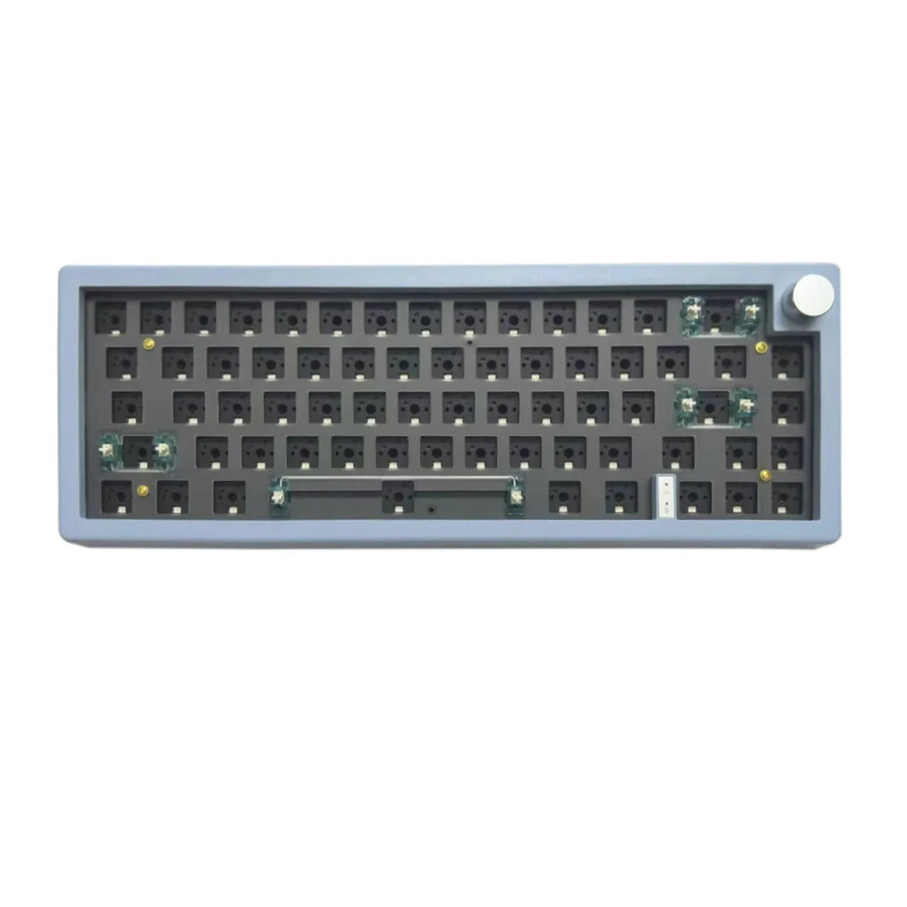 DIY hot-swappable RGB mechanical keyboard kit with ABS chassis, rotary knob, and USB cable in multiple colours.