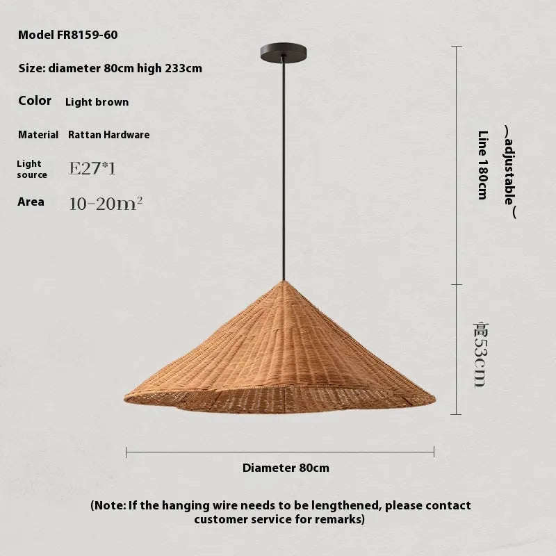 Natural rattan woven ceiling lamp with bamboo frame in Silent Wind style
