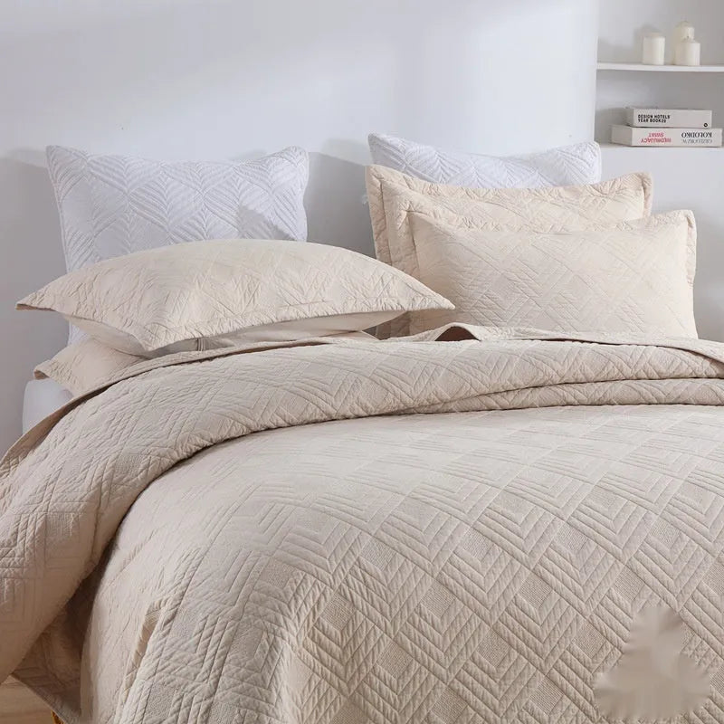 Pure cotton bed cover three-piece set in solid colours with embroidery detail for standard double beds