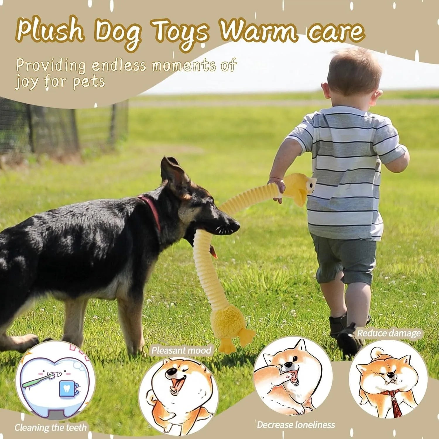 Brown, grey, and yellow plush stuffed dog toys with a foldable design.