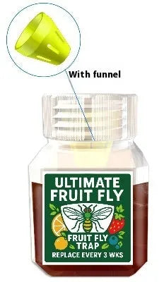 Bottle of fruit fly trapper bait liquid with specification options for trap systems.
