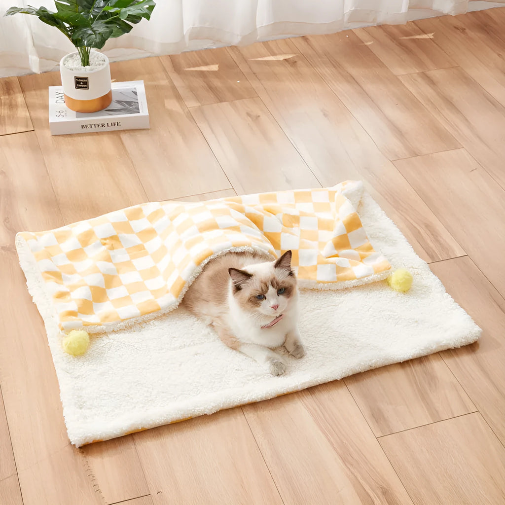 Green plaid pattern pet blanket with fur ball decoration on sofa