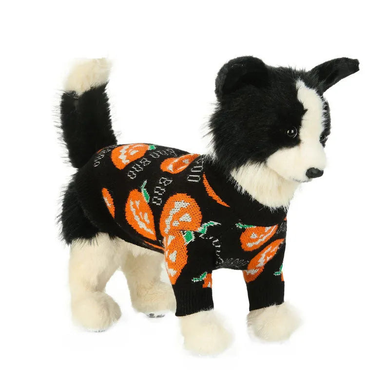 Black dog sweater with pumpkin pattern for Halloween in sizes S to XXL